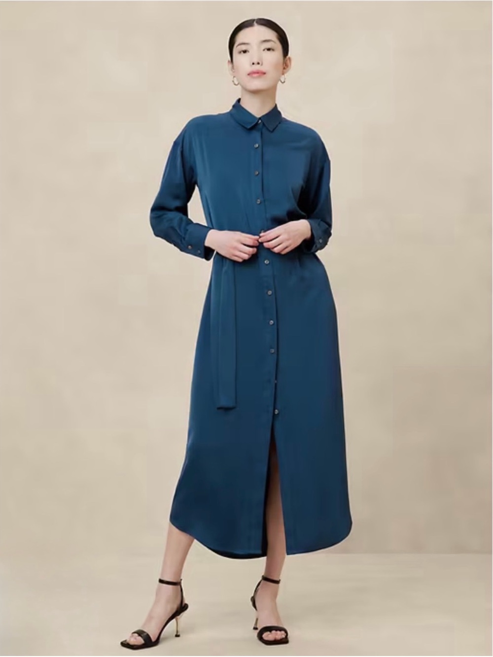 Banana Republic Pacific Blue Teal Button-Front Maxi Shirt Dress Long Sleeves 425